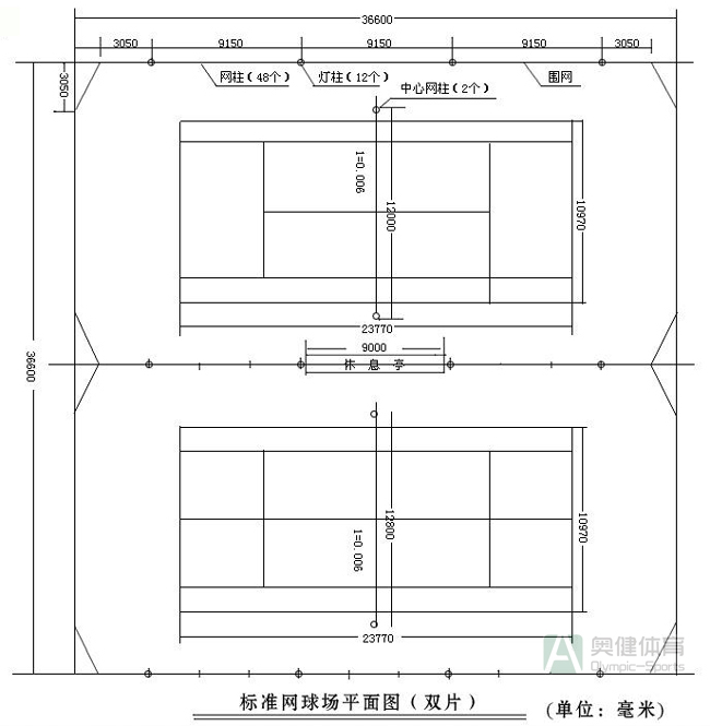 2片标准网球场尺寸平面图