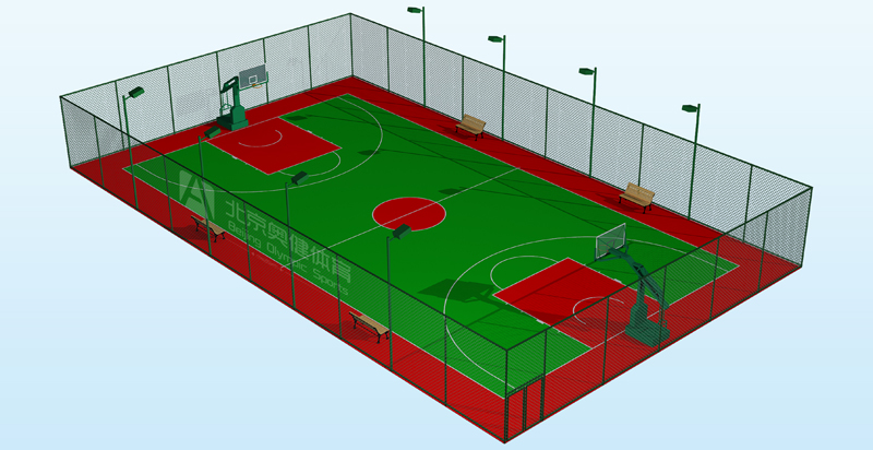 塑胶篮球场效果图图片，带围网灯光篮球架，
